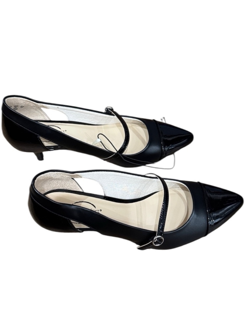 Simply Comfort Black Mary Jane Kitten Heels Pointed Toe Patent Cap Chic
